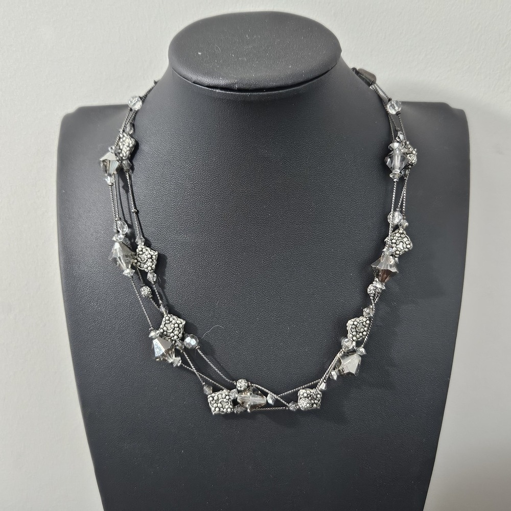 Dabby Reid Crystal Necklace Gun Metal Gray Silver Clear 3 Strand 17"